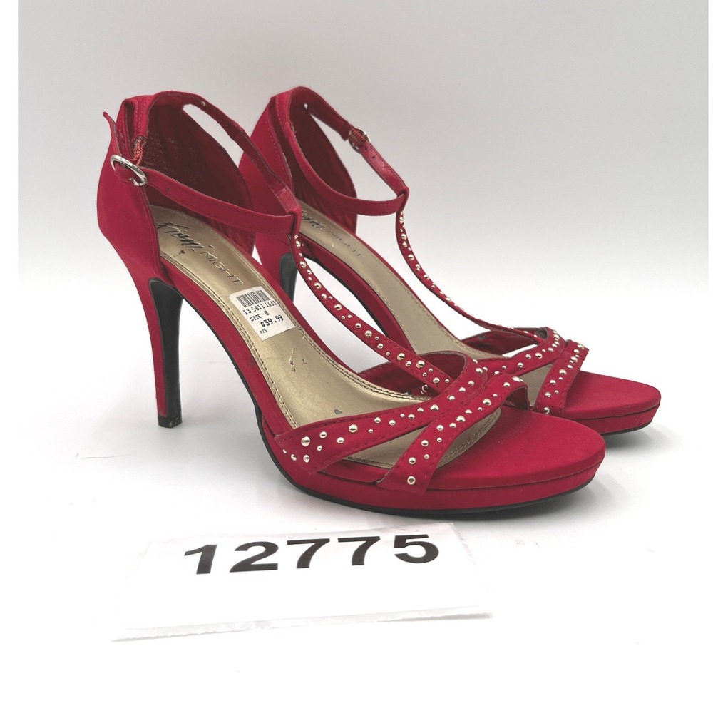Fioni Night Womens 8 Pump Red Studded Adjustable T-Strap Open Toe Stiletto Heel